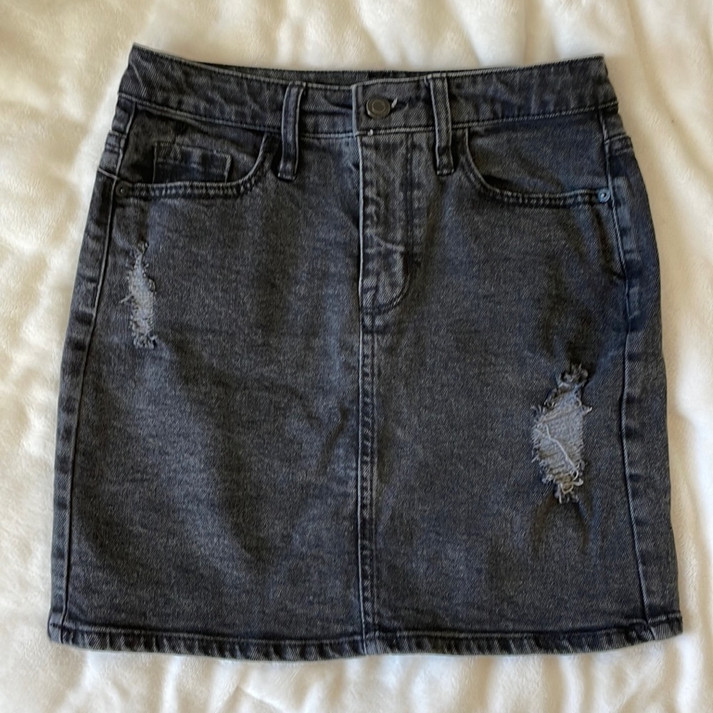 Black wash denim mini skirt